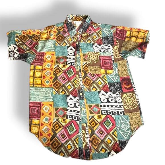 Vintage Other - Vintage 90s Multicolor Silk Tribal Patchwork Print Shirt Short Sleeve Large